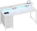 Computer Desk with 4 Drawers,4 Drawer Gaming Desk with Power Outlets and LED Lights,Office Desk for Small Spaces with Monitor Shelf,Writing Desk for Home Office, Bedroom,Study 45 Inch White