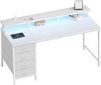 Computer Desk with 4 Drawers,4 Drawer Gaming Desk with Power Outlets and LED Lights,Office Desk for Small Spaces with Monitor Shelf,Writing Desk for Home Office, Bedroom,Study 45 Inch White