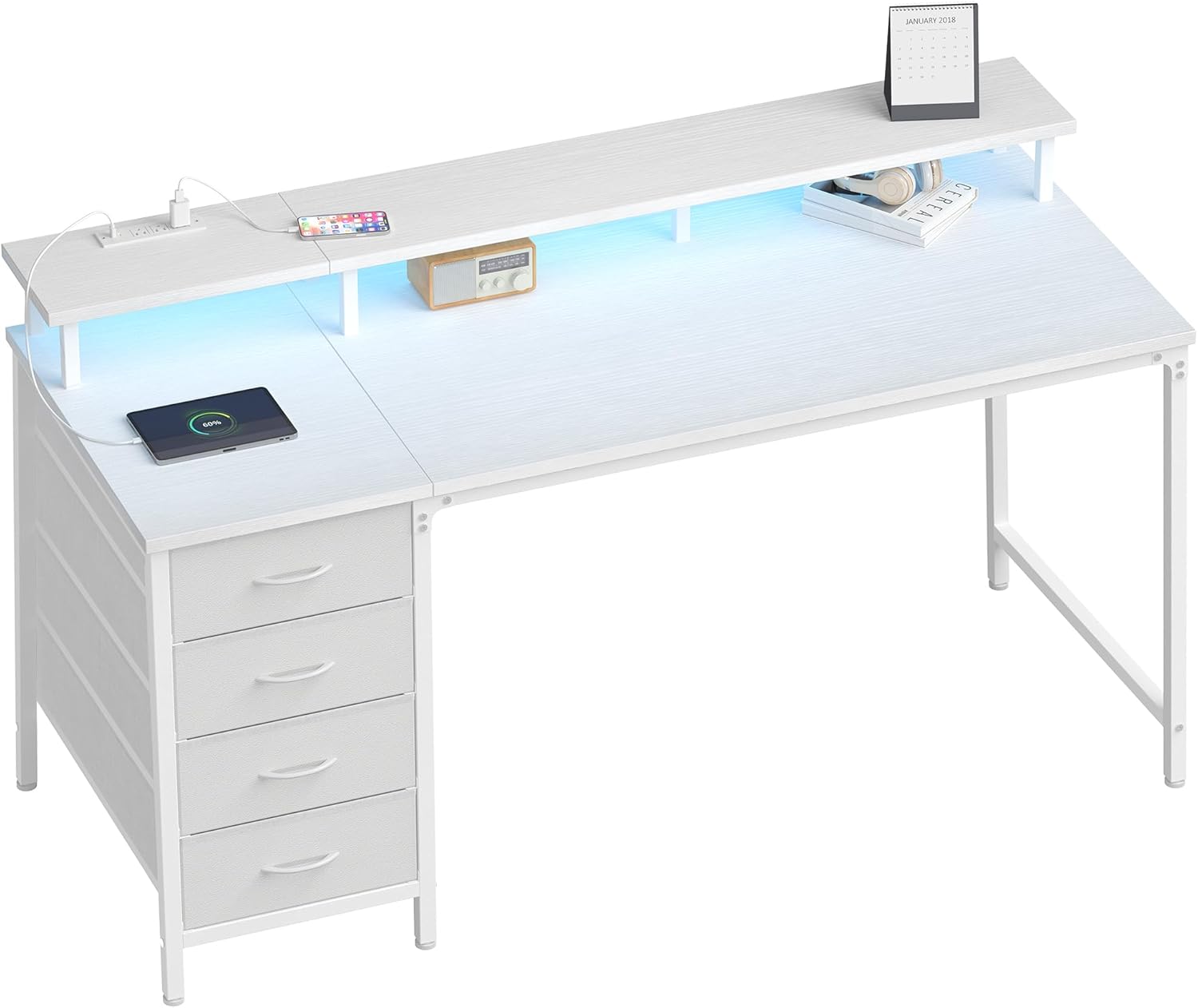 Computer Desk with 4 Drawers,4 Drawer Gaming Desk with Power Outlets and LED Lights,Office Desk for Small Spaces with Monitor Shelf,Writing Desk for Home Office, Bedroom,Study 45 Inch White