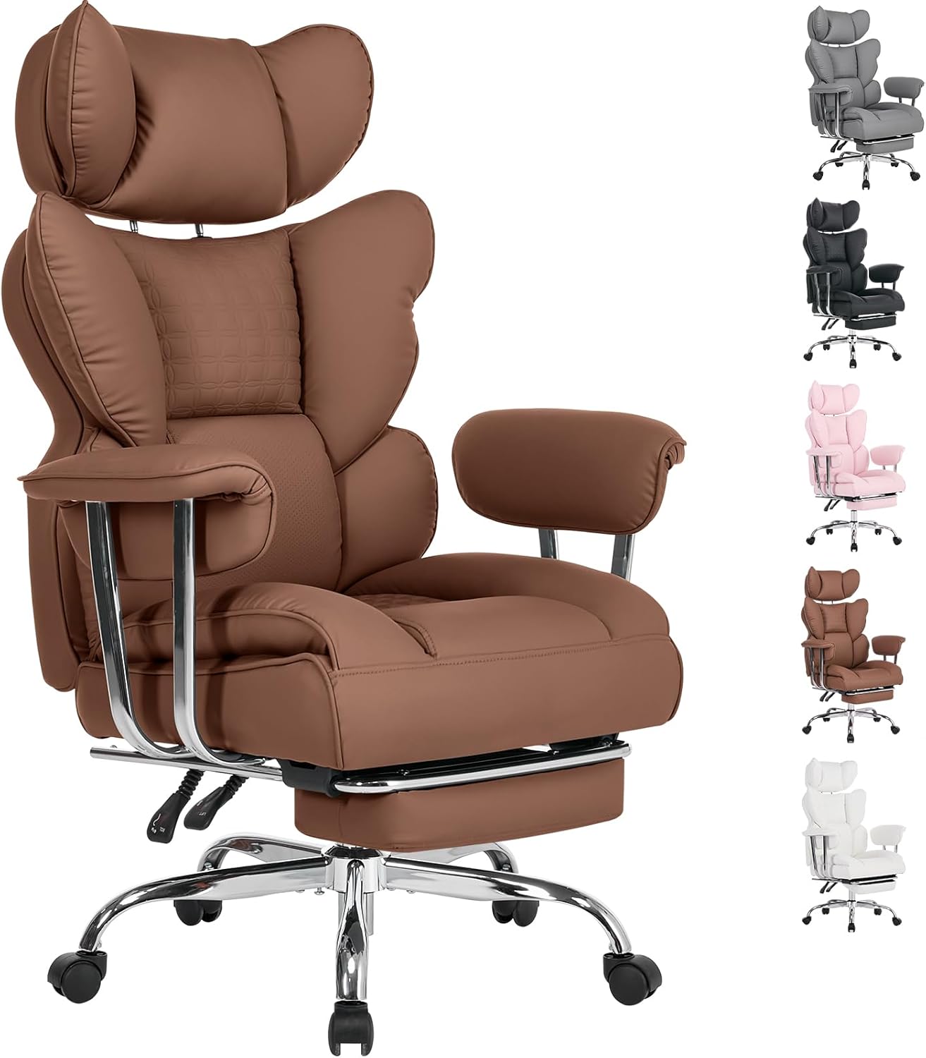 Big and Tall Home Office Desk Chair, Gaming Computer Chair, Executive Ergonomic Chair with Footrest, High Back Reclining, Adjustable Armrests and Comfy Lumbar Support, PU Leather, Pink