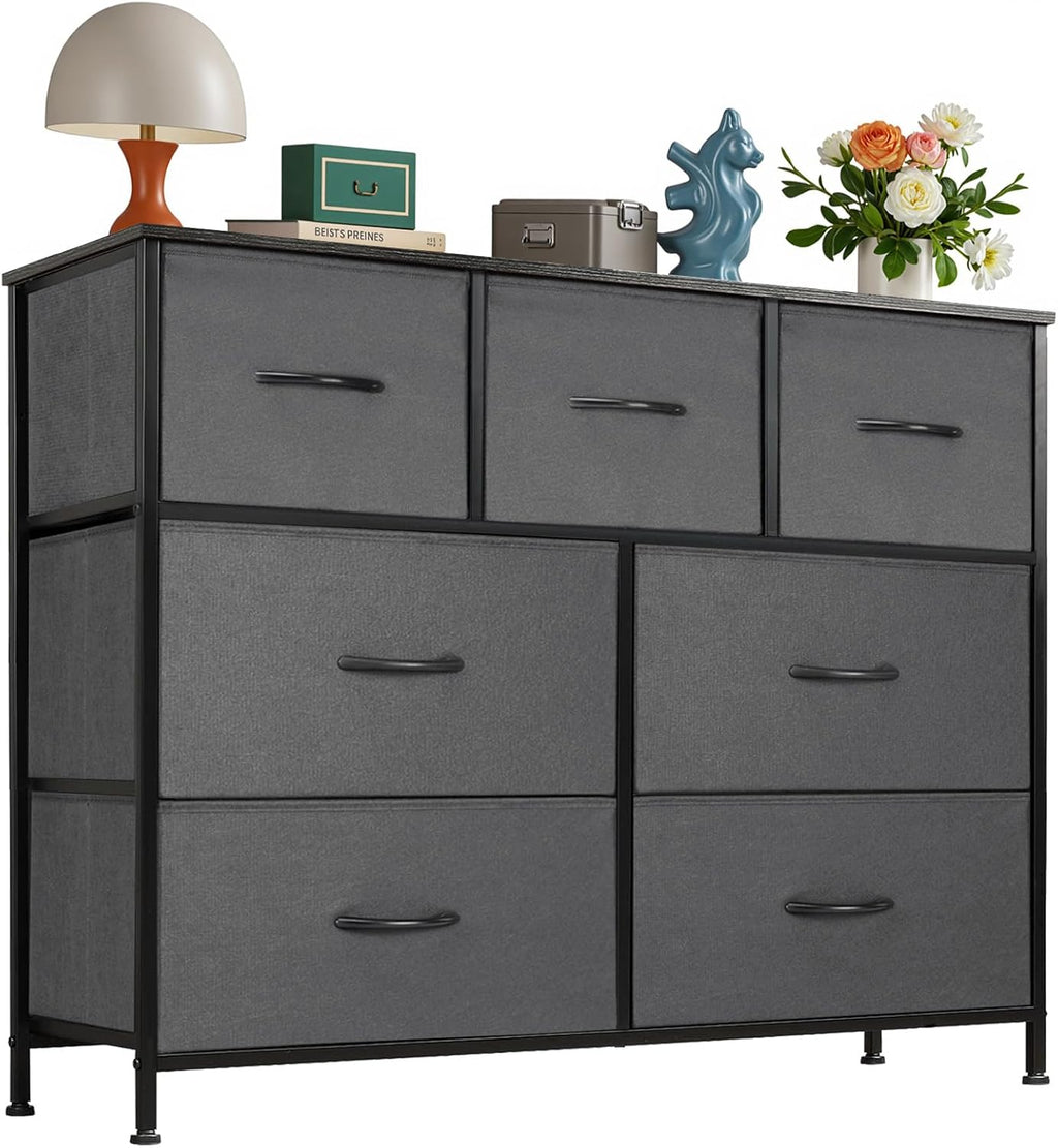 8 Drawer Dresser for Bedroom, Wide Fabric Storage Tower with Wooden Top and Metal Frame, Closet Chest Organizer Furniture, Living Room Hallway, Black