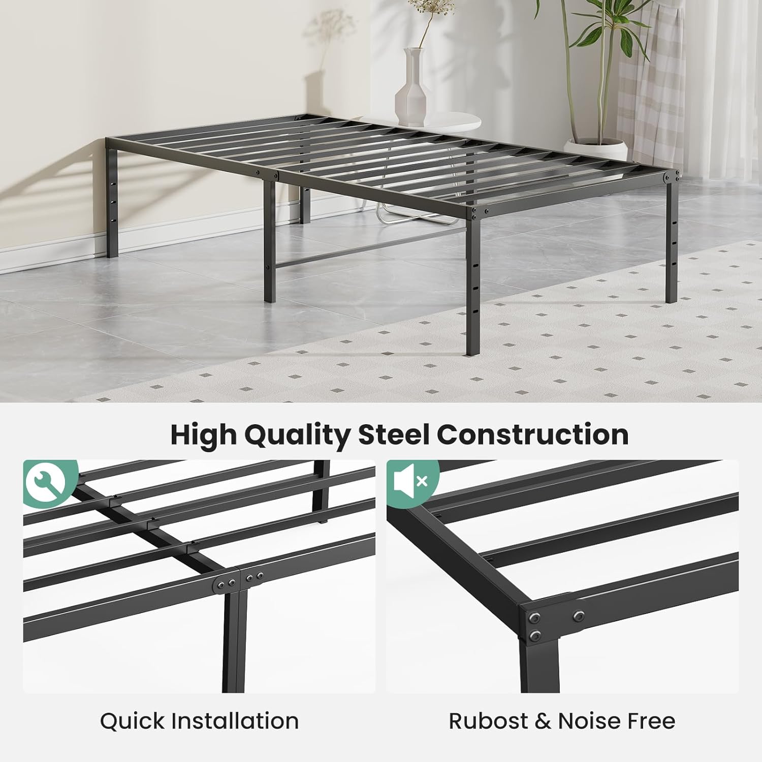 Twin Size 16 Inch Platform Bed Frame, Heavy Duty Metal Foundation Frame, Noise-Free Sturdy Steel Slats, Underbed Storage, No Box Spring Needed, Quick Setup