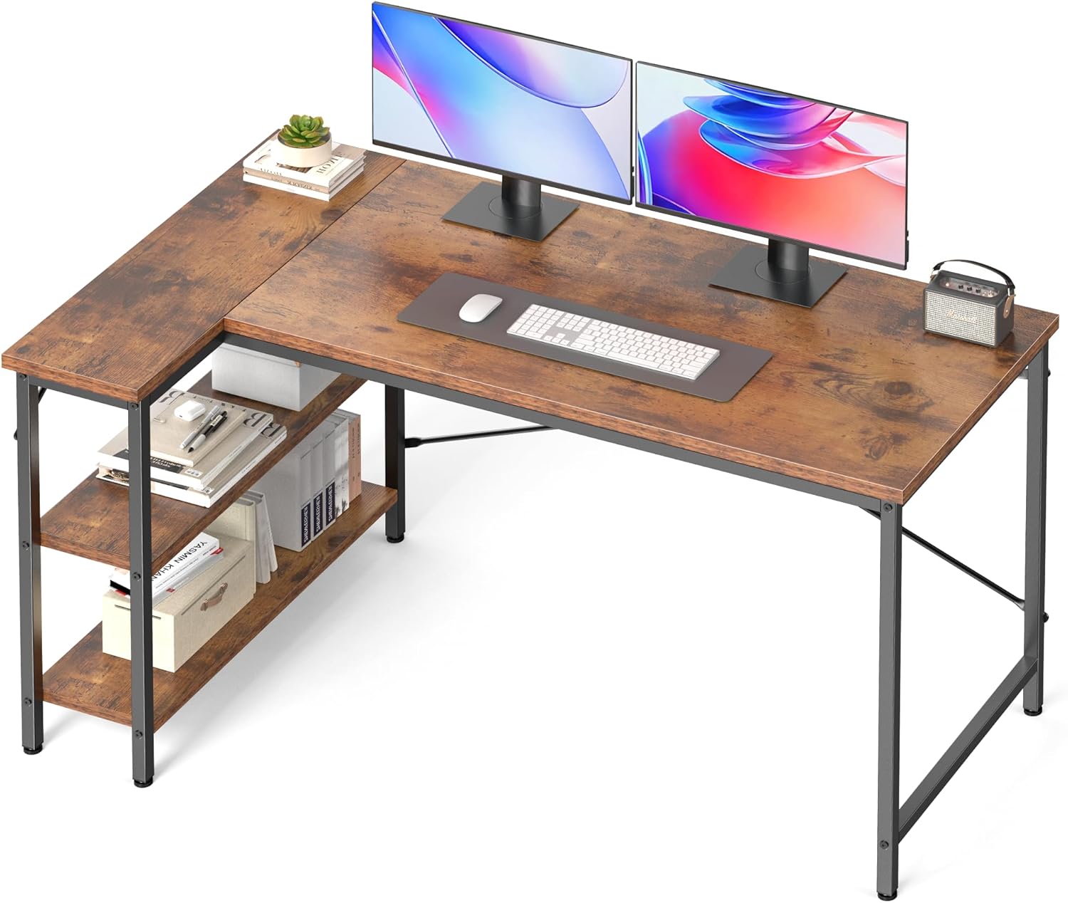 L Shaped Desk 47 Inch Computer Desk Gaming Furniture Corner Desks Home Office PC Table with Reversible Storage Shelves for Writing Working Study Bedroom Dorm, Rustic Brown