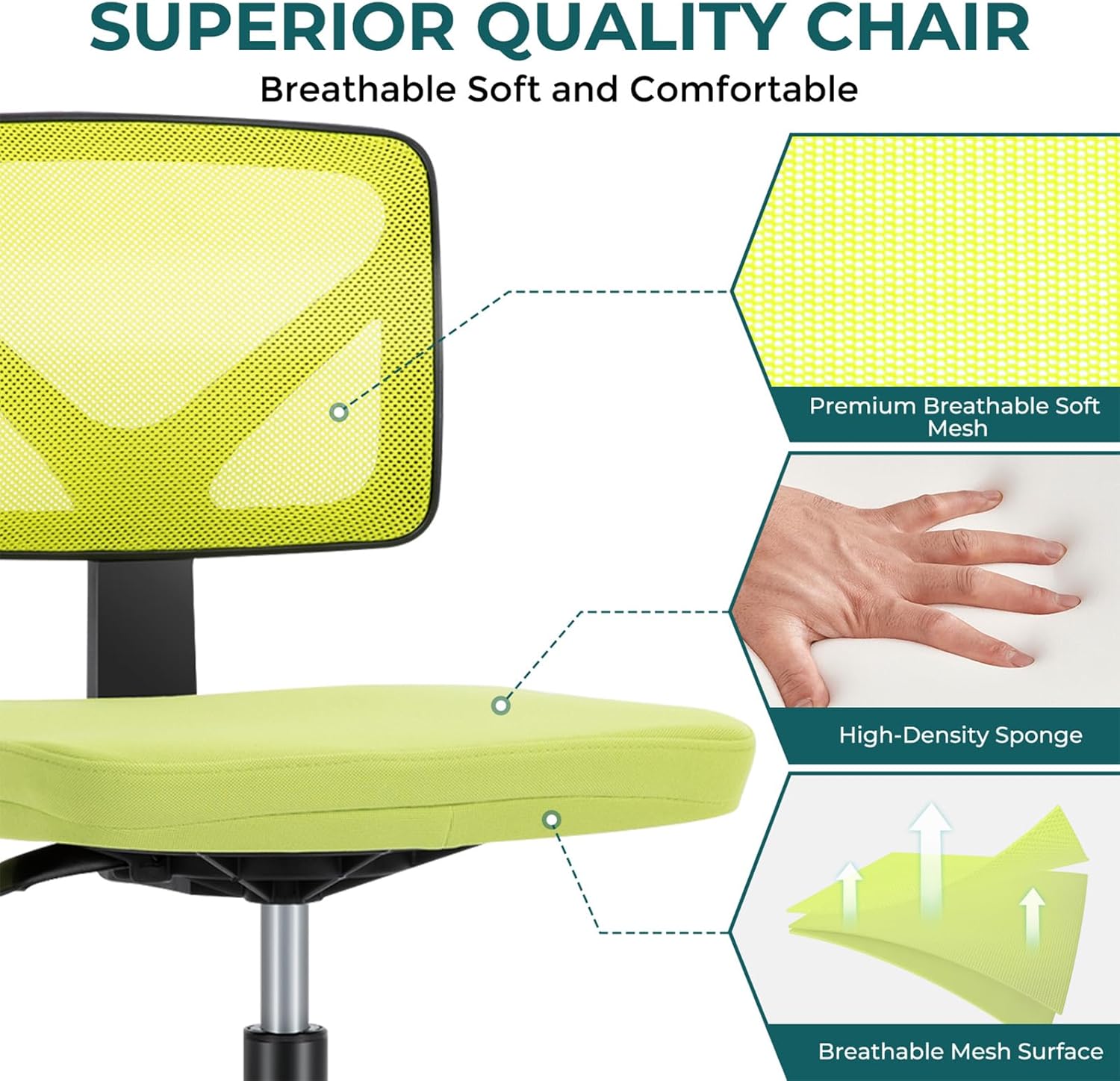 Small Desk Chair Armless, Ergonomic Adjustable Home Office Swivel Rolling Task Chair No Arms, Comfy Mesh Mid Back Computer Work Vanity Desk Chiars with Wheels for Small Spaces, Green