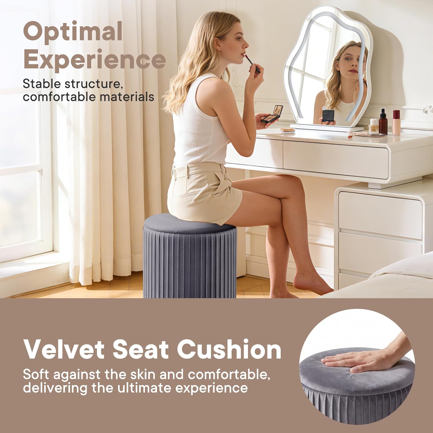 Round Ottoman with Storage Set of 2, Vanity Stool Chair with Storage, Makeup Cute Soft Small Footstool Modern Style Coffee Table, Small Velvet Foot Stool for Living Room Bedroom Dorm, Grey