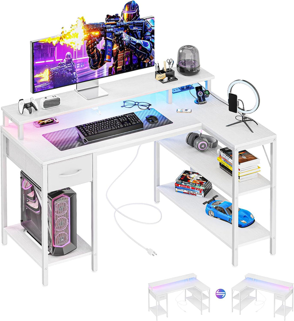 47?? Gaming Desk with USB Charging Ports & LED Lights, Reversible L Shaped Desks Computer Corner Gamer Table with Power Outlets Monitor Stand Storage Shelves for Home Office Small Space, White