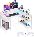 47?? Gaming Desk with USB Charging Ports & LED Lights, Reversible L Shaped Desks Computer Corner Gamer Table with Power Outlets Monitor Stand Storage Shelves for Home Office Small Space, White