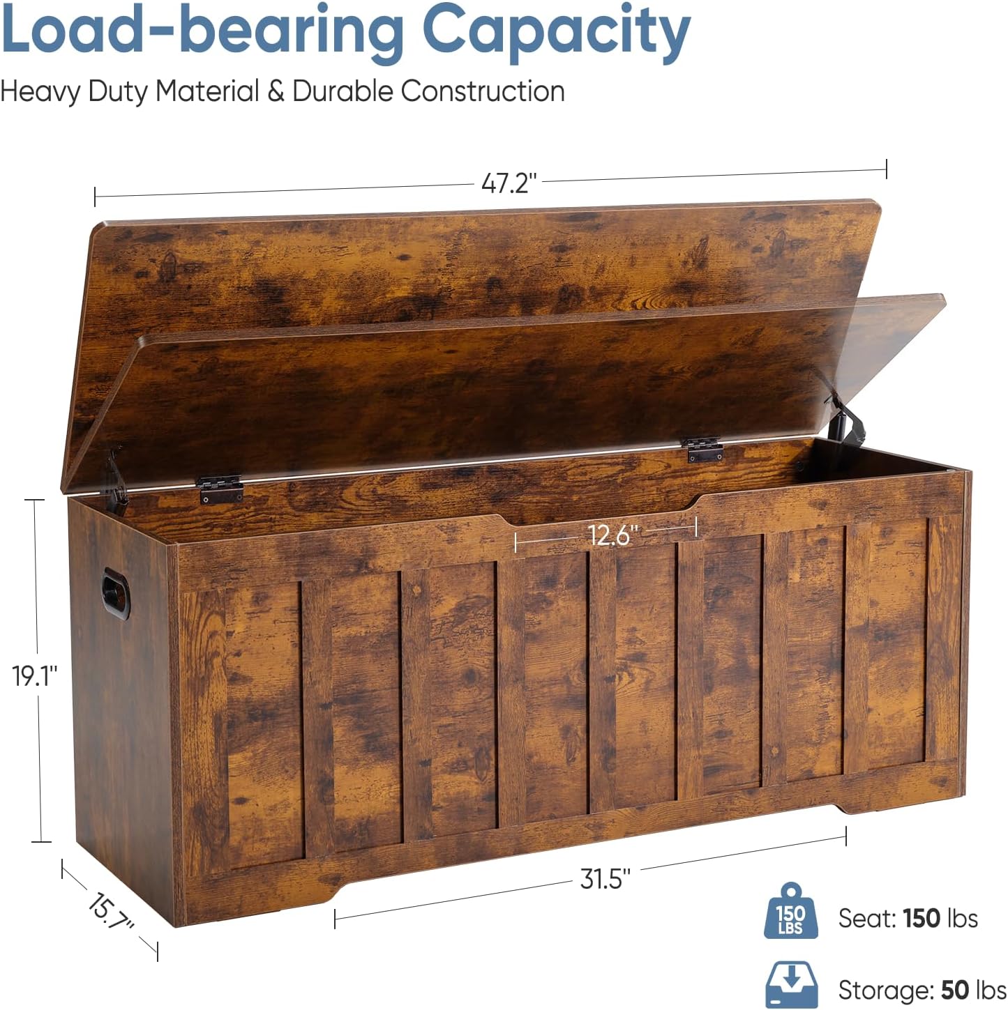 47.2 Extra Large Storage Bench with 2 Safety Gel-Buffered Hinges, Blanket Chest for Bedroom Living Room, Support 150lbs, 2 U-Shaped Cut-Out Pull, Non-Slip Base, Rustic Wood