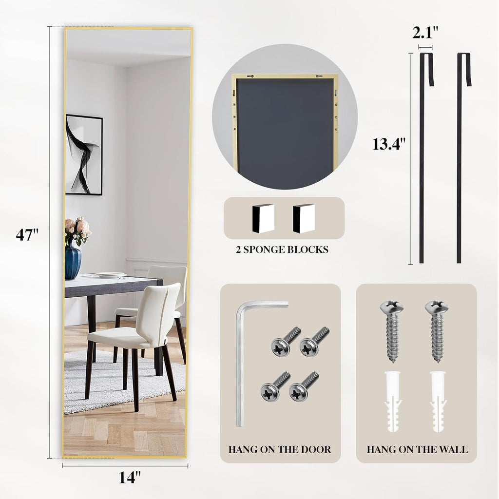 47x14 Full Length Mirror Over The Door, Wall Mounted Full Body Mirror, Door Hanging Metal Aluminum Alloy Frame Dressing Mirror for Bedroom, Living Room, Entryway, Gold