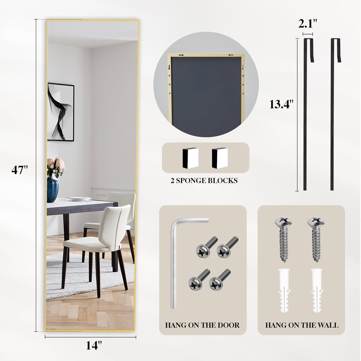 47x14 Full Length Mirror Over The Door, Wall Mounted Full Body Mirror, Door Hanging Metal Aluminum Alloy Frame Dressing Mirror for Bedroom, Living Room, Entryway, Gold