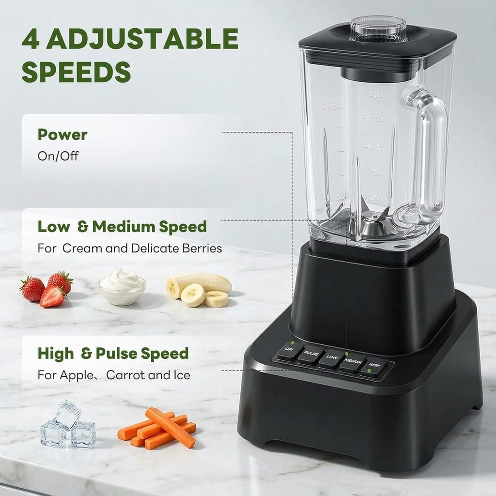 Professional Blender for Smoothies, Full-Size Kitchen Blender with 850 Peak Watts & 54oz Large Glass Pitcher, 4 Speeds with Pulse for Ice Crushing Frozen Fruits, Dishwasher Safe, Black