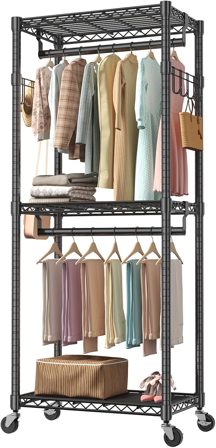 Portable Closet, Rolling Clothes Rack, 29 x 15 x 75 Wardrobe Closet with Adjustable Shelves, Metal Garment Rack with Lockable Wheel, for Cloakroom, Bedroom Storage, Laundry Room, Black