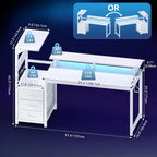 L Shaped Gaming Desk with Shelves Storage Drawers 52'', White Computer Desks with LED Lights Power Outlets, Office Wood Table with PC Stand Cable Management for Bedroom Dual Monitor Streaming