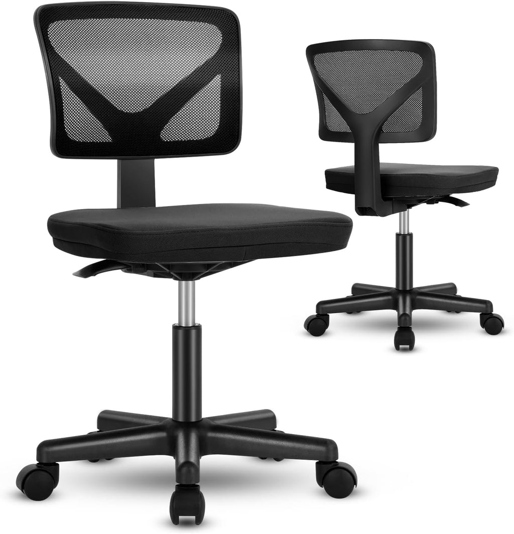 Armless Desk Chairs Set of 2, Ergonomic Adjustable Home Office Swivel Rolling Task Chair No Arms, Comfy Mesh Mid Back Computer Work Vanity Desk Chiars with Wheels for Small Spaces, Blue
