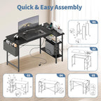 Corner Gaming Desk,39 L Shaped Computer Desk with 3AC+2USB+1Type-C Power Strip, Storage Shelves & Side Hanging Fabric Organizer, Black Gaming Workstation for Home Office and Bedroom