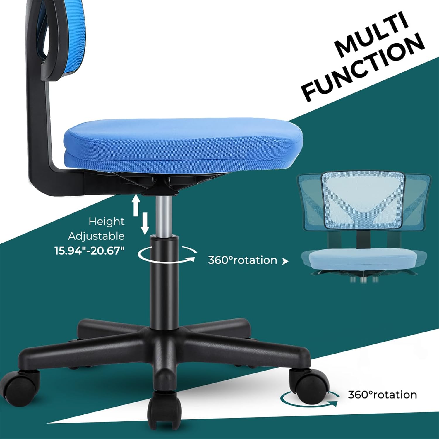 Armless Desk Chairs Set of 2, Ergonomic Adjustable Home Office Swivel Rolling Task Chair No Arms, Comfy Mesh Mid Back Computer Work Vanity Desk Chiars with Wheels for Small Spaces, Blue