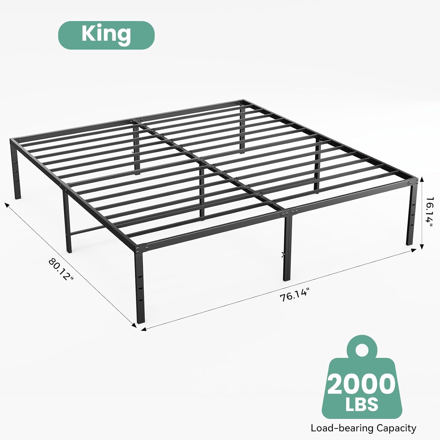 King Size 16 Inch Platform Bed Frame, Heavy Duty Metal Foundation Frame, Noise-Free Sturdy Steel Slats, Underbed Storage, No Box Spring Needed, Quick Setup