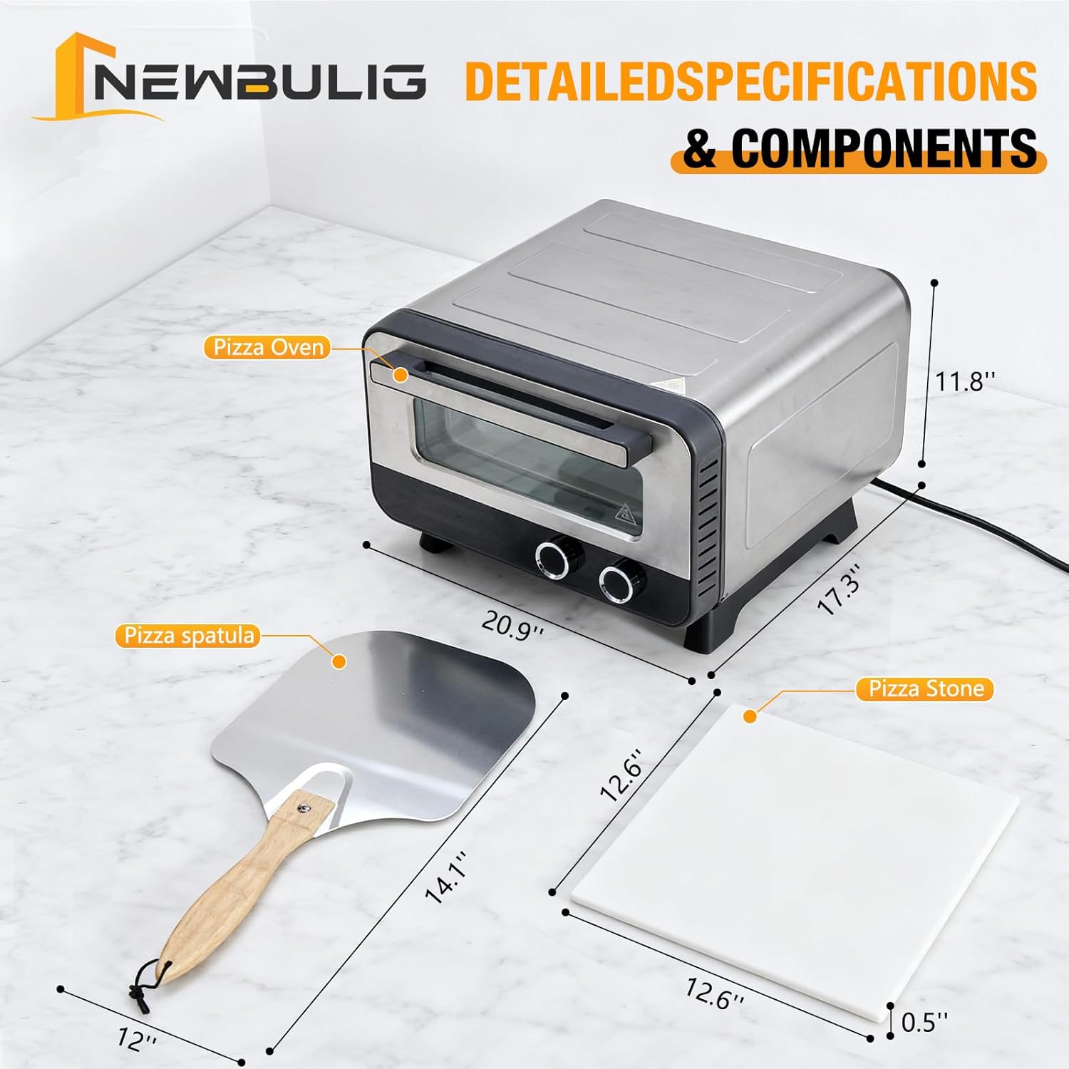 Pizza Oven Indoor, 1600W Electric Pizza Oven Fast Heating, 6 Presets Pizza Maker for 12 Inches, with Pizza Stone & Spatula, Upper-Bottom Independent Heating Temperature Control