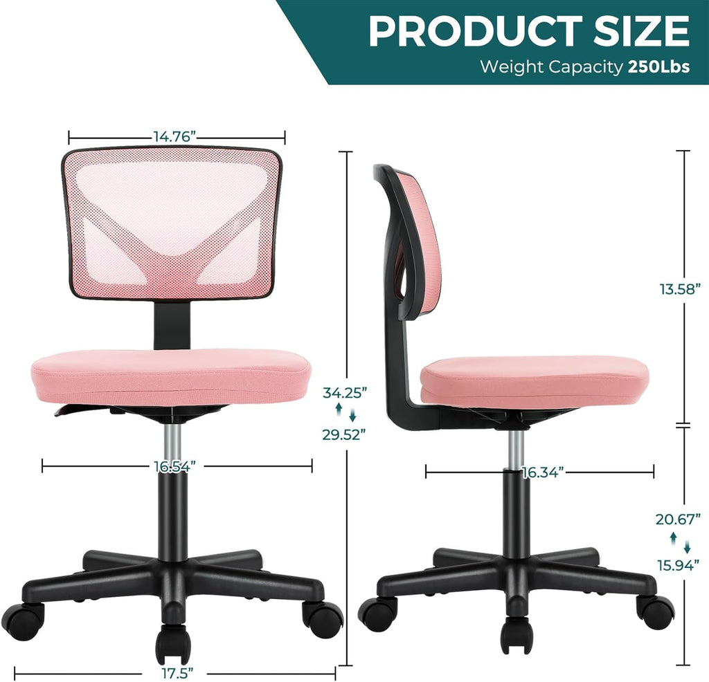 Small Office Chair Armless, Ergonomic Adjustable Home Office Swivel Rolling Task Chair No Arms, Comfy Mesh Mid Back Computer Work Vanity Desk Chiars with Wheels for Small Spaces, Hot Pink