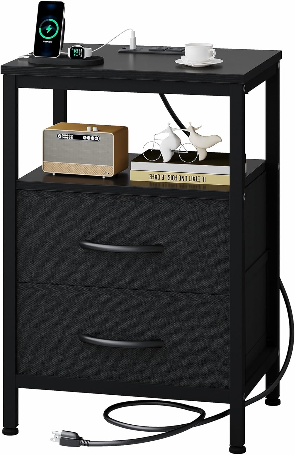 Nightstand with Charging Station, Bedside Tables with USB Ports and Fabric Drawer, Small Night Stand with Open Adjustable Shelf, Compact End Table for Bedroom, Black
