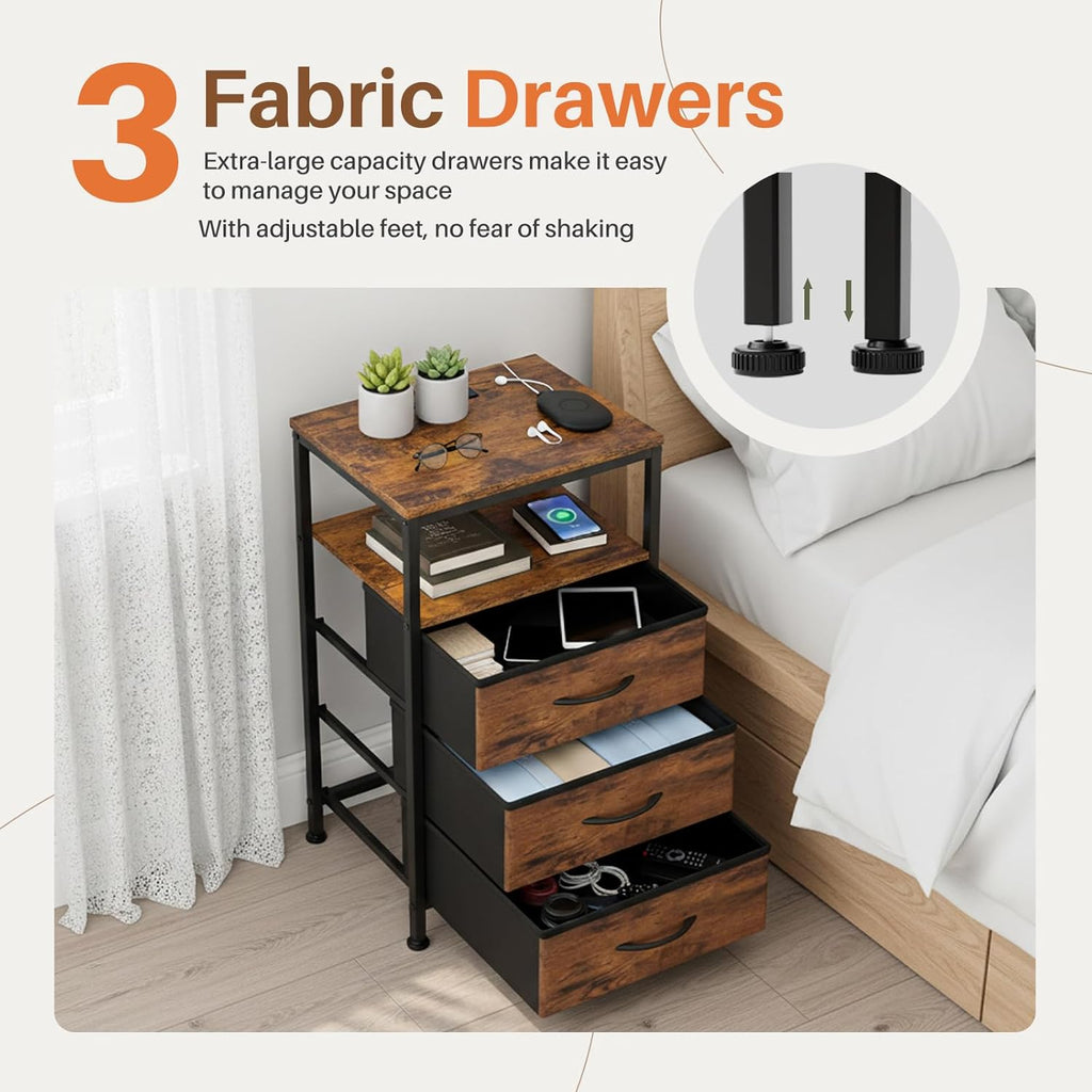 Nightstand with Charging Station, 3-Drawer Bedside Table with USB Ports & Type-C, Bedroom Night Stand with Fabric Drawers and Open Shelf, Tall Narrow End Table for Small Bedroom, Rustic Brown