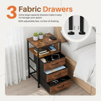 Nightstands Set of 2 with Charging Station, Bedside Table with USB Ports & Type-C, 2 Fabric Drawers Night Stand with Open Shelf, Compact End Table for Bedroom, Rustic Brown