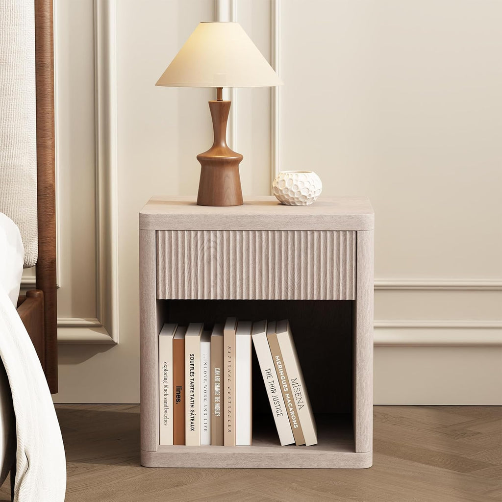 22.7 Modern Night Stand with Drawer and Open Shelf, Mid Century Bedside Table for Bedroom, Wood End Table with Fluted Front, Sturdy Compact Sofa Side Table, White Oak