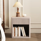 22.7 Modern Night Stand with Drawer and Open Shelf, Mid Century Bedside Table for Bedroom, Wood End Table with Fluted Front, Sturdy Compact Sofa Side Table, White Oak
