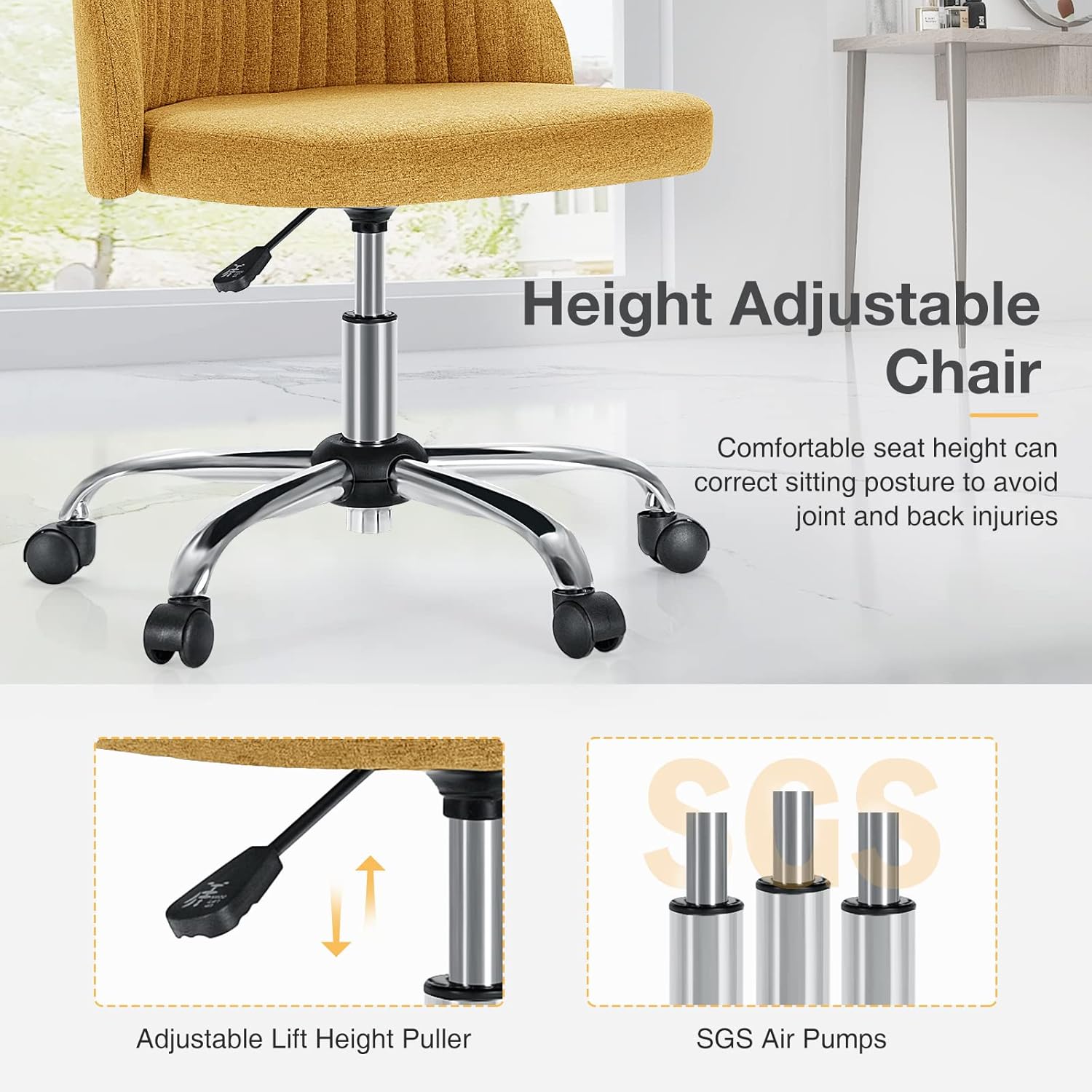 Armless Vanity Chair, Cute Comfy Home Office Desk Chair with Wheels, Modern Upholstered Task Computer Seat for Bedroom, Study, Makeup Vanity, Height Adjustable & Swivel, Yellow