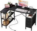 L Shaped Desk with Shelf Drawers 47 Inch, Black Corner Computer Desks Gaming with Power Outlet, Study Table with Adjustable Shelves, Home Office Tables for Bedroom Teacher Reading Writing