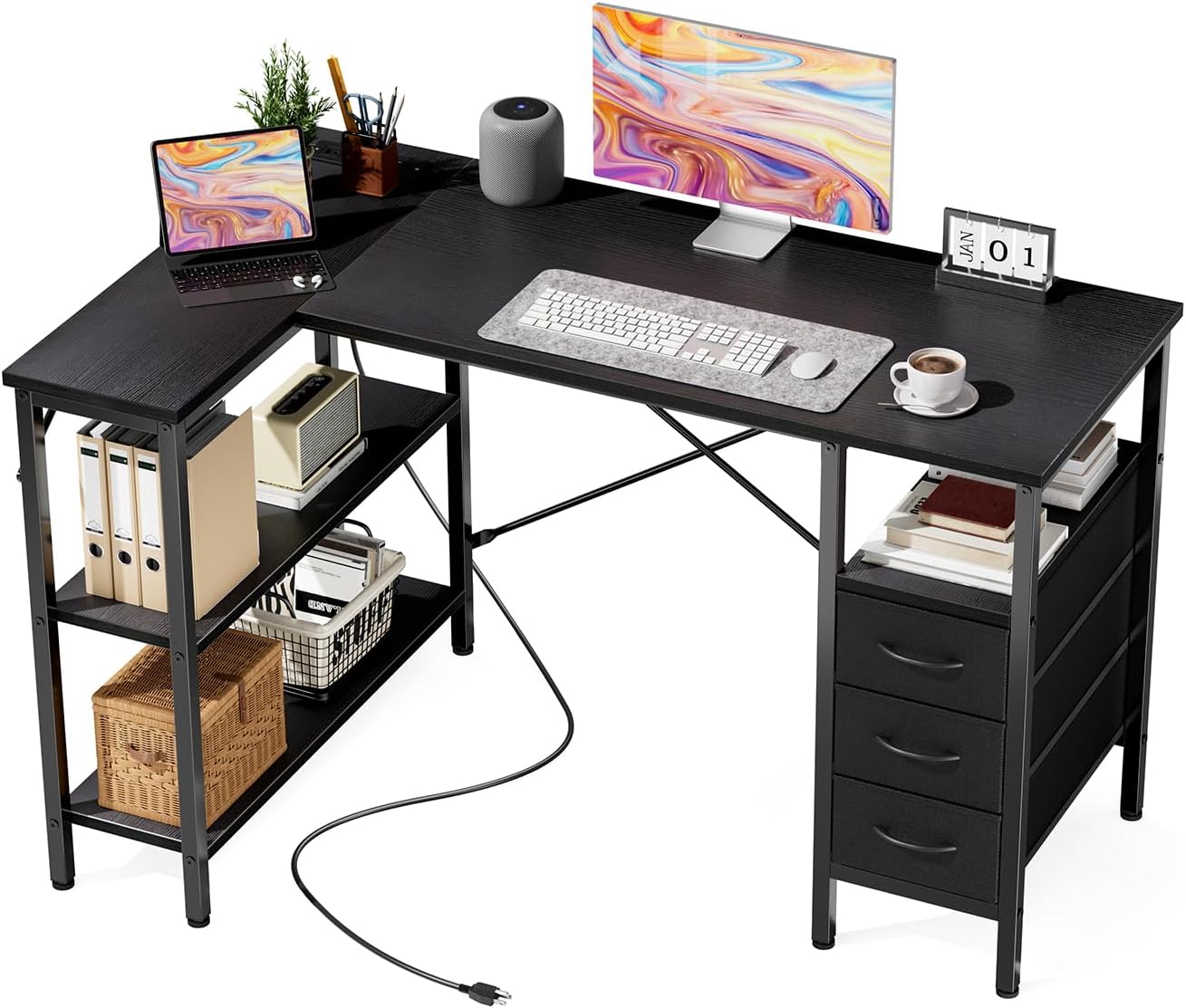 L Shaped Desk with Shelf Drawers 47 Inch, Black Corner Computer Desks Gaming with Power Outlet, Study Table with Adjustable Shelves, Home Office Tables for Bedroom Teacher Reading Writing