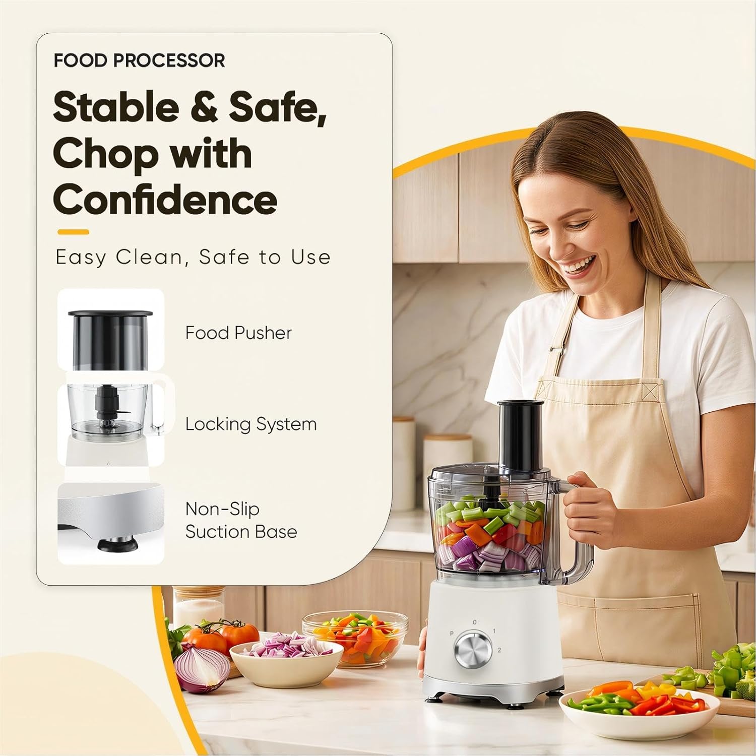 Food Processor 10.5 Cup, Vegetable Choppers with Slicing Shredding Chopping Kneading, Dishwasher Safe, Food Grinder, Stainless Steel Blades, for Smoothie Fruit Dough, 2.6QT, White