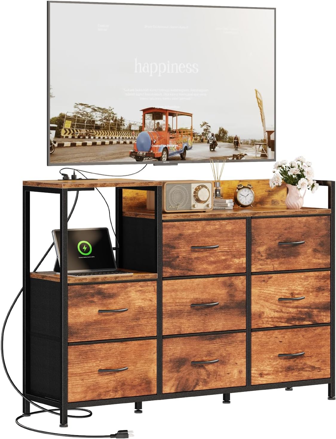 TV Stand Dresser with 8 Fabric Drawers and Open Shelves, LED Entertainment Center with Charging Station, Wood Top Media Console for 45-55 inch, Bedroom, Greige Oak
