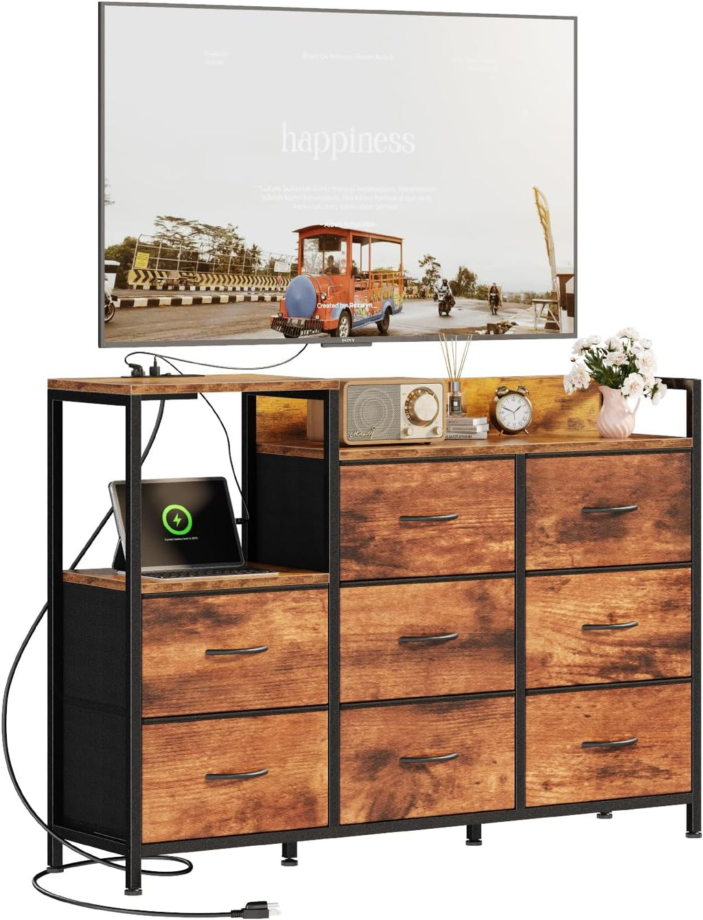 TV Stand Dresser with 8 Fabric Drawers & Open Shelves, TV Stand for Up to 45 inch TV with Wooden Top, Entertainment Center with Charging Station for Living Room, Hallway, White