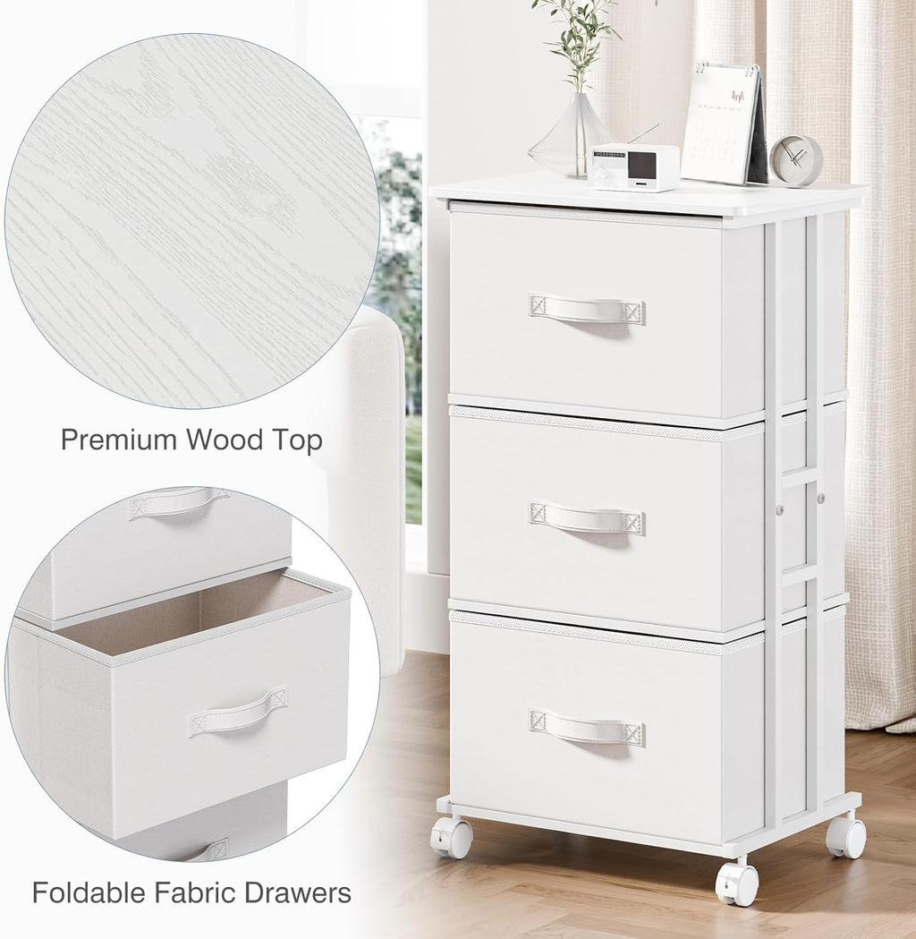 3 Drawer Fabric Dresser with Wheels, Storage Cabinet Organizer with Removable Drawers, Rolling Chest with Steel Frame for Bedroom, Closet, Living Room, Entryway, White