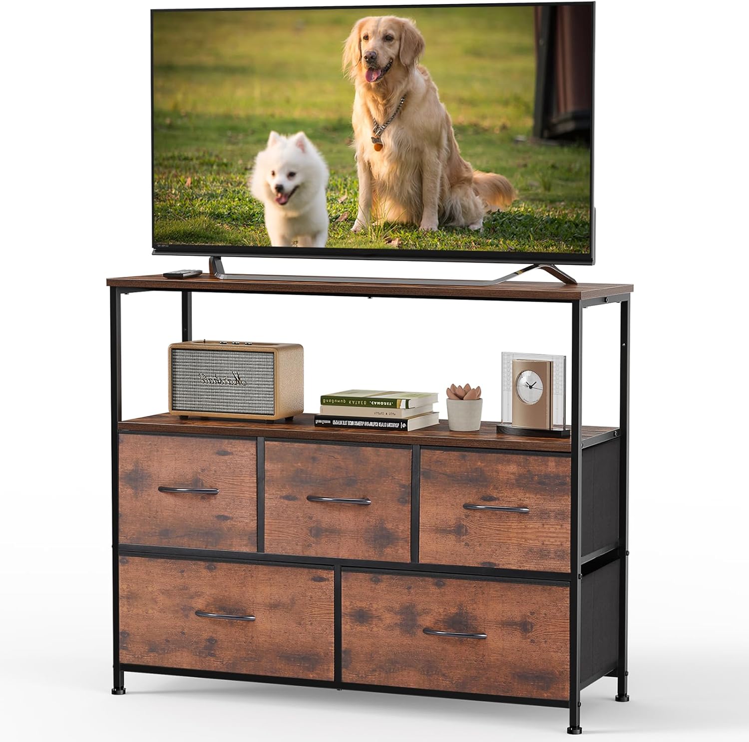 TV Stand, Dresser with 5 Fabric Storage Drawers, Media Console Featuring Open Shelf for TV, Compact Entertainment Unit for Bedroom, Living Space, or Dorm Organization, Grey