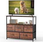 TV Stand, Dresser with 5 Fabric Storage Drawers, Media Console Featuring Open Shelf, Fabric Storage Cabinet with Charging Station, Compact Entertainment Unit for Bedroom, Living Room, White