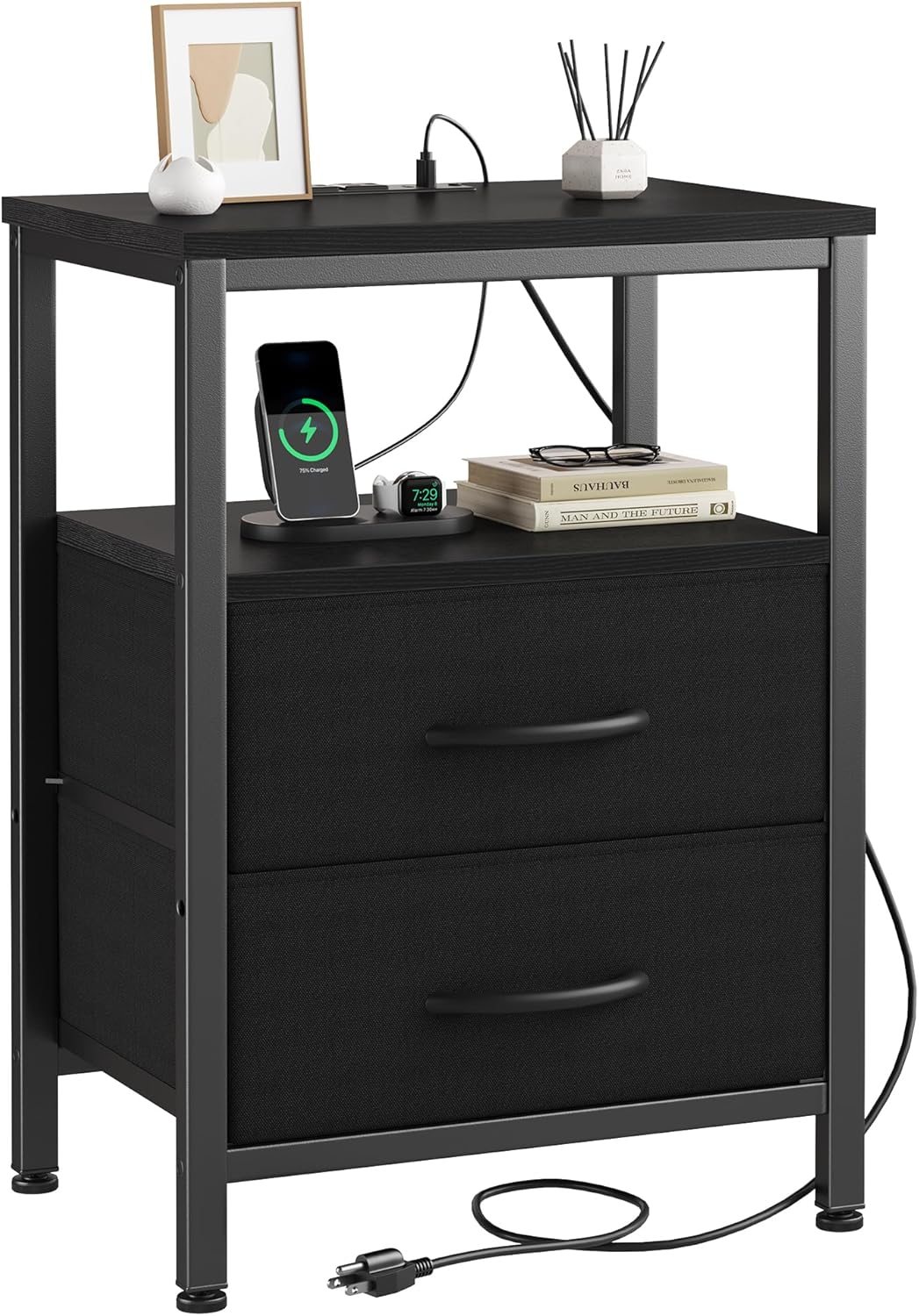 Nightstand Set of 2 with Wireless Charging Station Bed Side Tables with Adjustable Fabric Drawers 3-Tier Storage End Tables Modern Design,Black