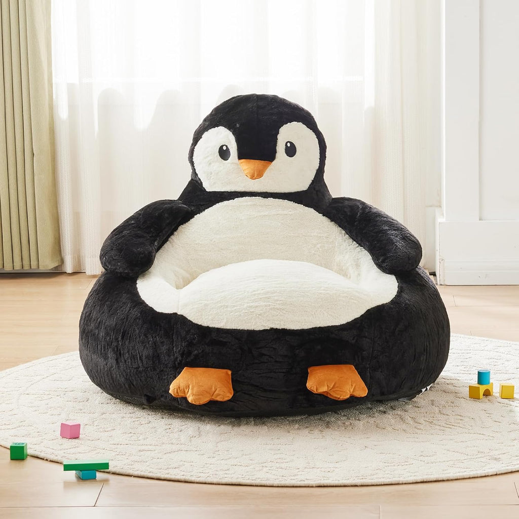 Kids Bean Bag Chair, Stuffed Toddler Couch with Faux Rabbit Fur Cover for Teens & Kids, Comfy Lazy Sofa Chair for Reader, Living Room, Bedroom, Aged 4-12 Years, 34 Inch, Penguin Black White