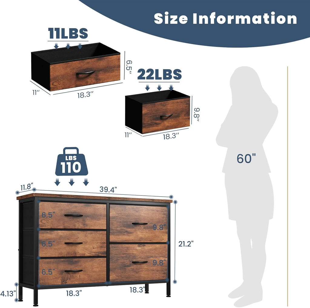 TV Stand for Bedroom with 5 Storage Drawers, Fabric Chest of Drawers with Metal Frame, Living Room Storage Organizers Units for Books, TV Stand and Hallway, Rust