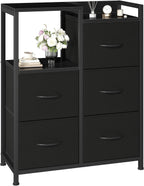 5 Drawer Fabric Dresser with Side Cabinet & Open Shelf, Storage Organizer Tower with Raised Top, Chest of Drawers for Bedroom, Closet, Hallway, Entryway & Living Room, Rustic Brown