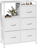 5 Drawer Fabric Dresser with Side Cabinet & Open Shelf, Storage Organizer Tower with Raised Top, Chest of Drawers for Bedroom, Closet, Hallway, Entryway & Living Room, White