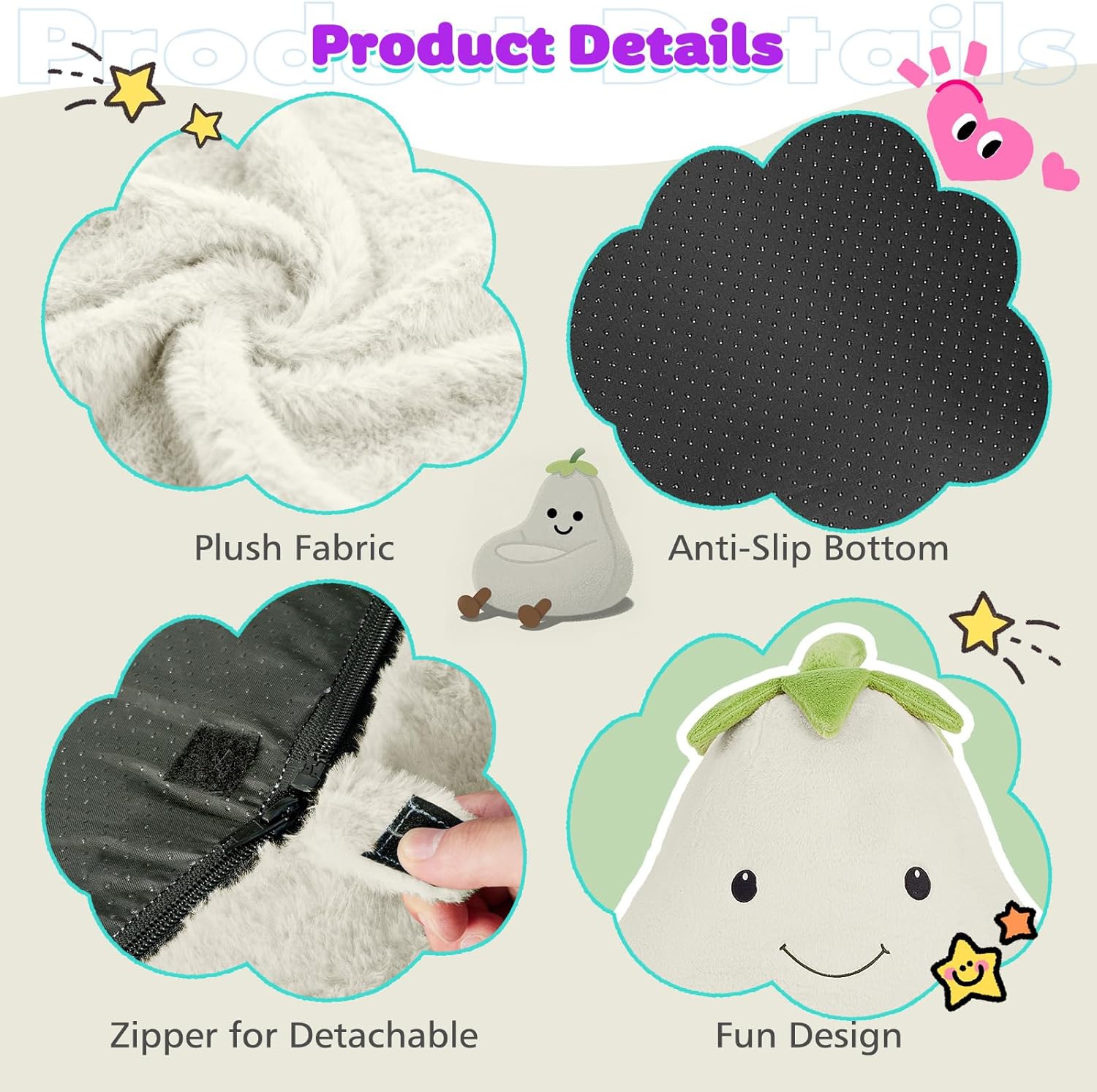 Kids Bean Bag Chair, Stuffed Toddler Couch with Faux Rabbit Fur Cover for Teens & Kids, Comfy Lazy Sofa Chair for Reader, Living Room, Bedroom, Aged 4-12 Years, 24 Inch, Beige