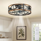 Ceiling Fans with Remote, Farmhouse Ceiling Fan, 22 Inch Low Profile Caged Fandelier, Flush Mount with 6 Wind Speeds, for Bedroom, Kitchen, Living Room, Bulbs Not Included, Black