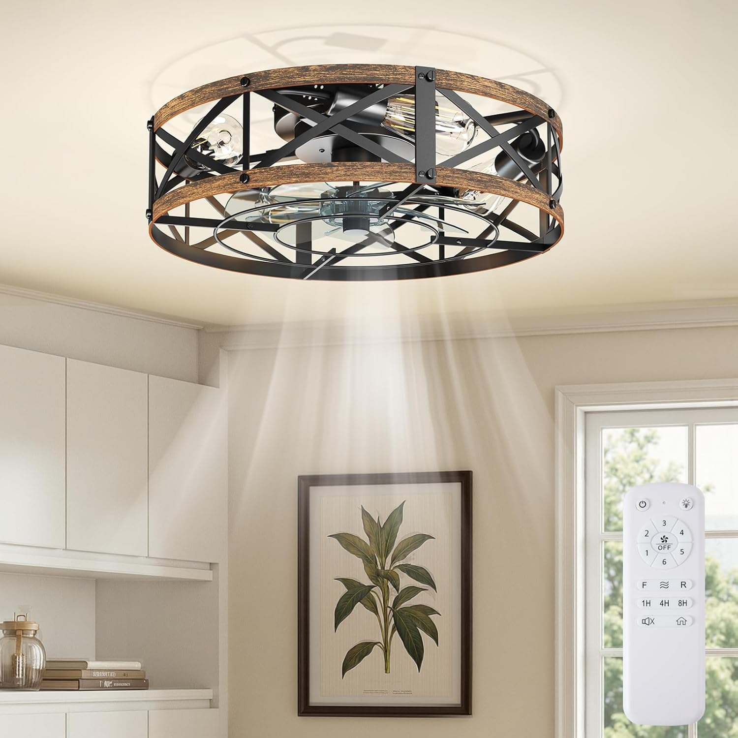 Ceiling Fans with Remote, Farmhouse Ceiling Fan, 19 Inch Low Profile Caged Fandelier, Flush Mount with 6 Wind Speeds, for Bedroom, Kitchen, Living Room, Bulbs Not Included, Black