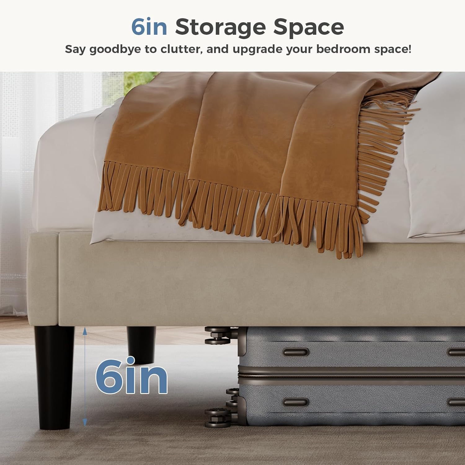 Queen Size Bed Frame with Modern Fabric Upholstered Wingback Headboard & Wooden Slats, 800lbs Capacity, No Box Spring Needed, Easy Assembly Upholstered Platform Bed, Beige