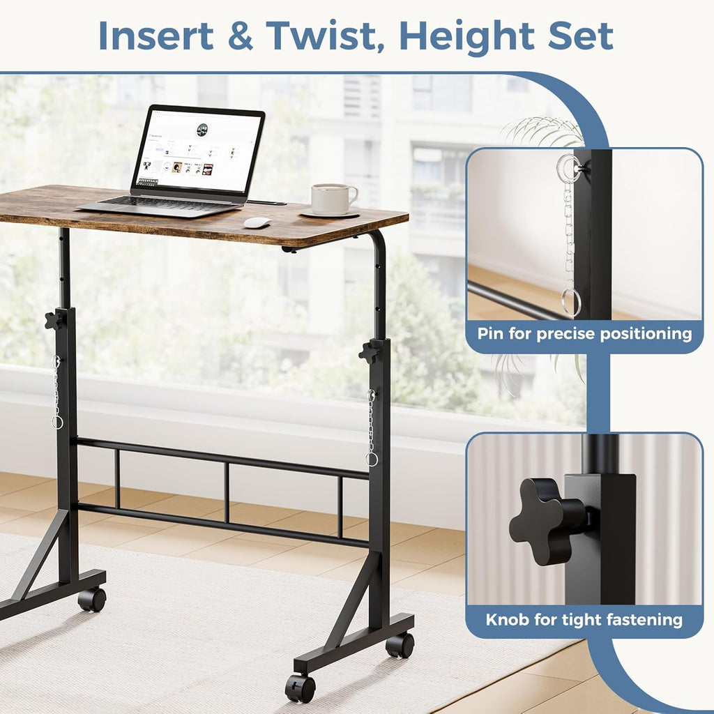 31.5 Adjustable Height Mobile Desk with Locking Wheels & Pin-Lock, Portable Workstation for Walking Pad & Active Home Office, Rustic Brown