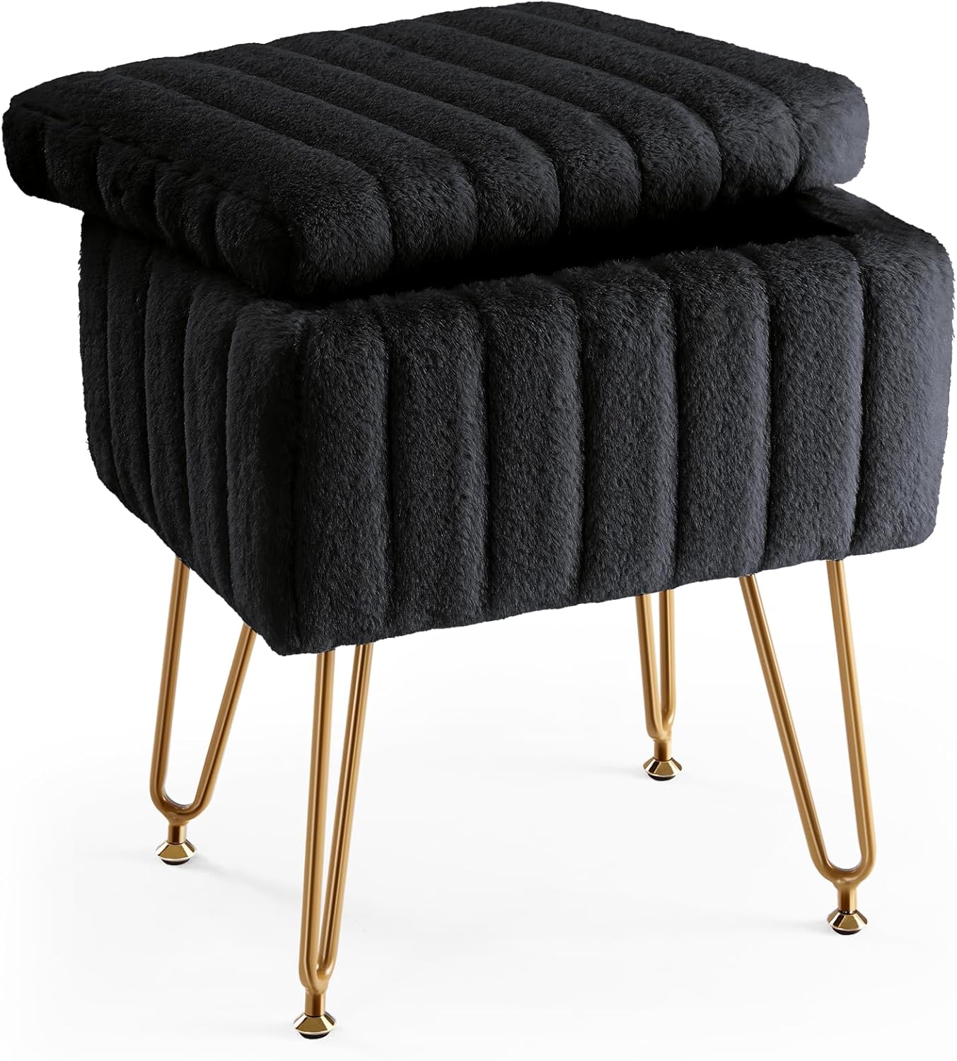 Vanity Stool Chair, Ottoman with Storage, Makeup Cute Soft Small Footstool, Modern Style Faux Fur Seat with 4 Metal Legs & Adjustable Feet for Dressing, Living Room Bedroom Dorm, Camel