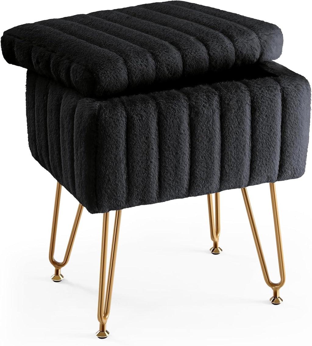Vanity Stool Chair, Ottoman with Storage, Makeup Cute Soft Small Footstool, Modern Style Faux Fur Seat with 4 Metal Legs & Adjustable Feet for Dressing, Living Room, Bedroom, Dorm, Black