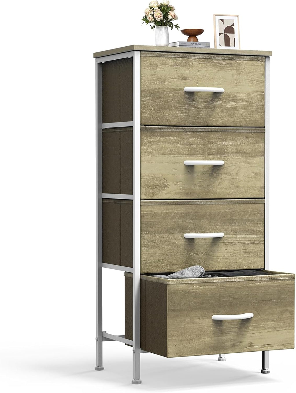4 Fabric Drawer Small Dresser, Bedside Nightstand with Wooden Top Sturdy Frame, Entryway Closet Bedroom Storage Cabinet Furniture for Dorm,White